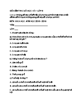 Đề kiểm tra cuối học kỳ 1 môn Khoa học Khối 5 - Năm học 2015-2016